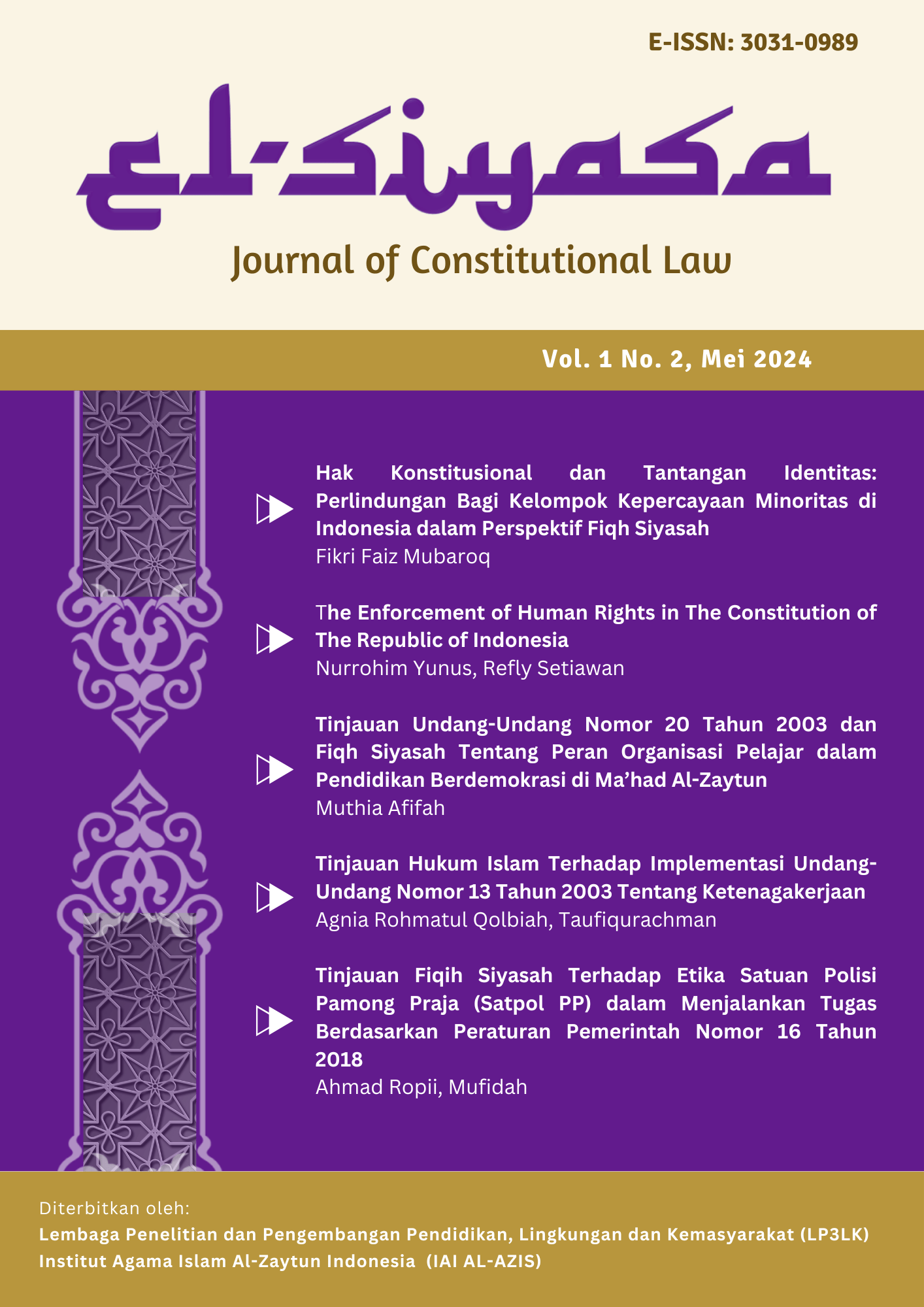 cover jurnal hukum tata negara el siyasa iai al-azis institut agama islam al-zaytun indonesia lindung isma wangi as an editorial team
